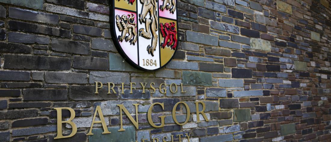 Bangor University sign on the Main Arts wall